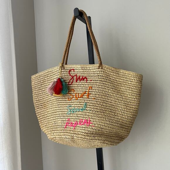 Rebecca Minkoff Sun Surf Sand Repeat Straw Tote Summer Beach Natural Tassels Fun - Picture 1 of 9